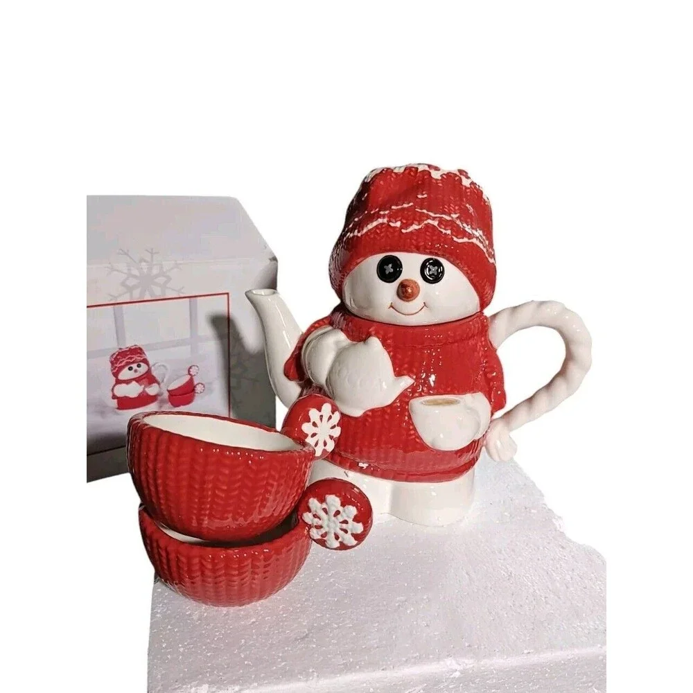 New Department 56 Billy Buttons Hot Cocoa Set Pot and 2 Cups Year 2002 Snowman